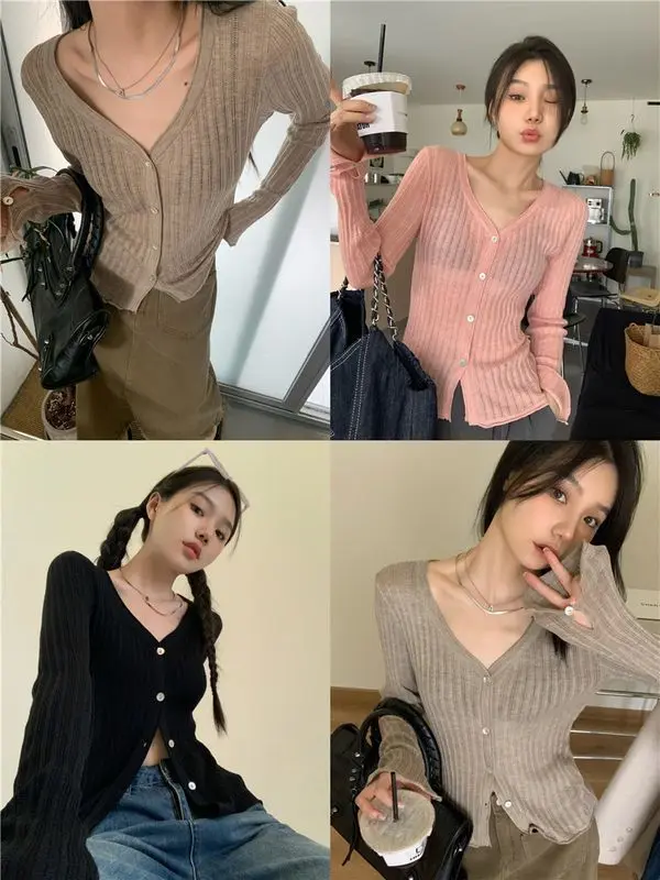 

Hong Kong Flavor Pink V-neck Long Sleeve Knitted Cardigan Coat Women's Thin Autumn/winter Slim Slim Sweet Spice Girl Slim Top