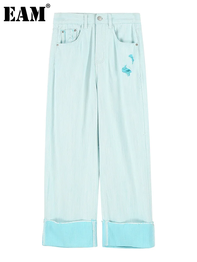 

[EAM] High Waist Blue Holes Color-block Long Denim Wide Leg Jeans New Loose Women Trousers Fashion Spring Autumn 2022 1DE7574