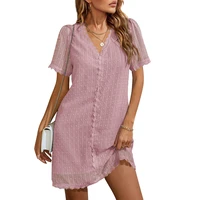 women sexy v neck lace dress womens 2022 spring and summer new short sleeved dress double layer chiffon jacquard party dress