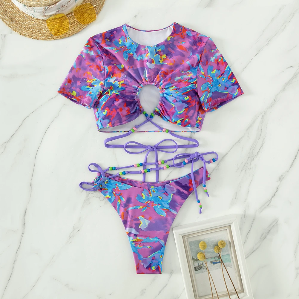 Two-piece Short Sleeve Swimsuit Women 2023 Summer Sexy Mini Bikini Sets Print Swimwear Low Waist Cross Tie Beachwear