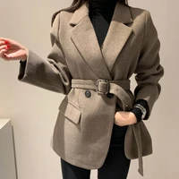 wool coat lapel thick short windbreaker double breasted mid length winter coat with belt waist and thin temperament blazer coat