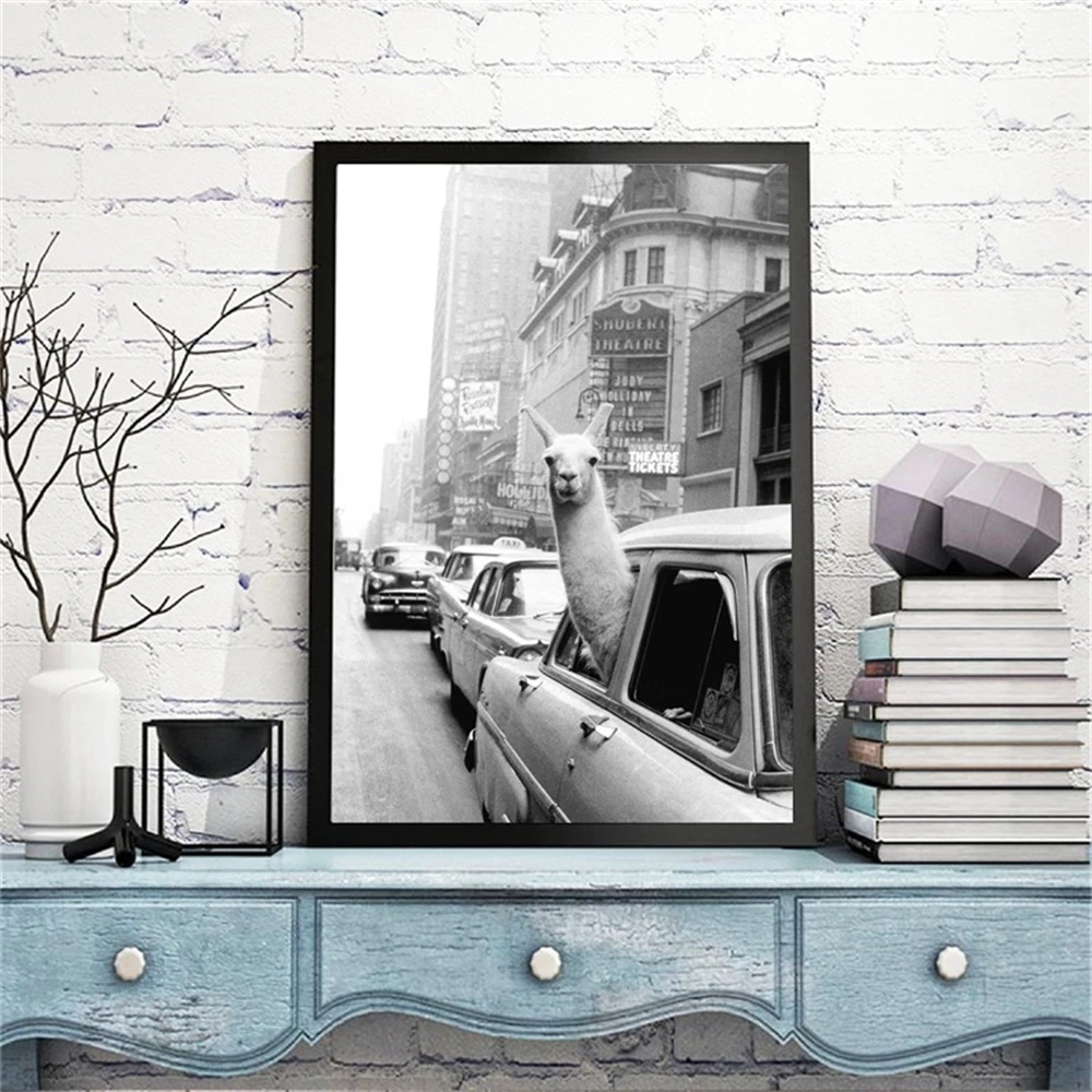 

Black and white Alpaca city streetscape decorative painting study porch hanging picture frameless core