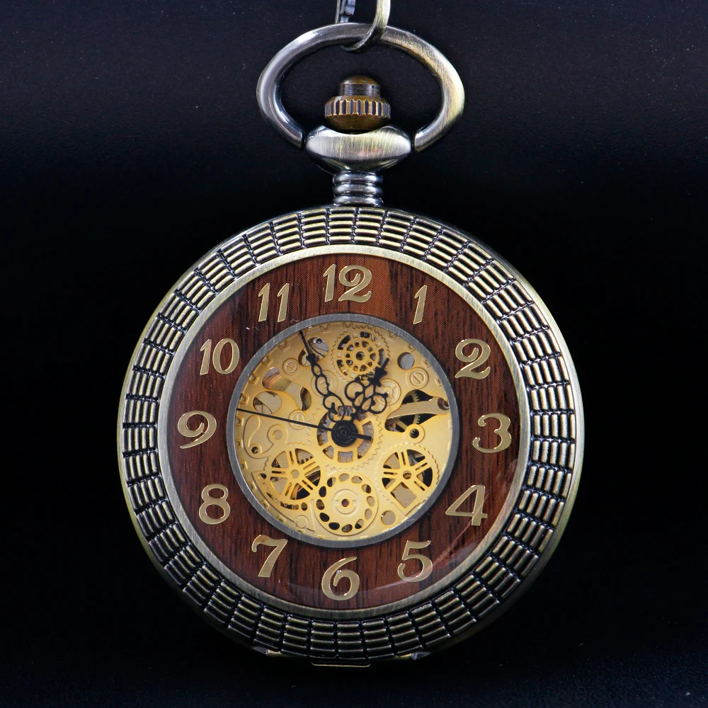 Vintage Wood Carving Hollow Skeleton Mechanical Pocket Watch Men's Fob Chain Steel Arabic Digital Sculpture Women's Men's Gift