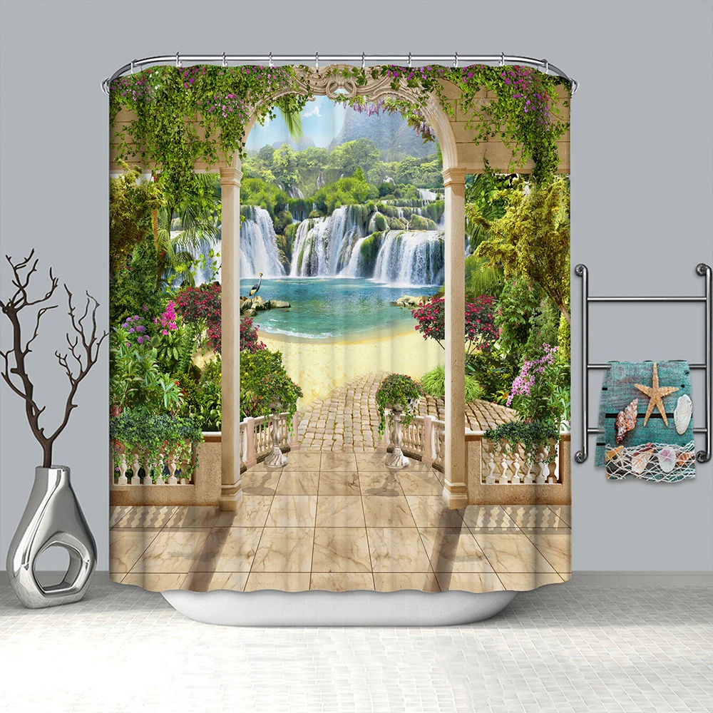 

Beach Shower Curtain Blue Sky Sea Tropical Palm Trees Seaside Landscape Bath Curtain Waterproof Fabric Bathroom Decor