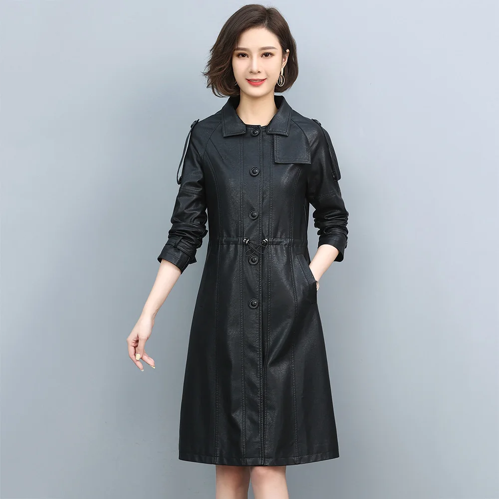 New Women Leather Trench Coat Spring 2022 Fashion Turn-down Collar Solid Color Drawstring Loose Long Sheepskin Coat