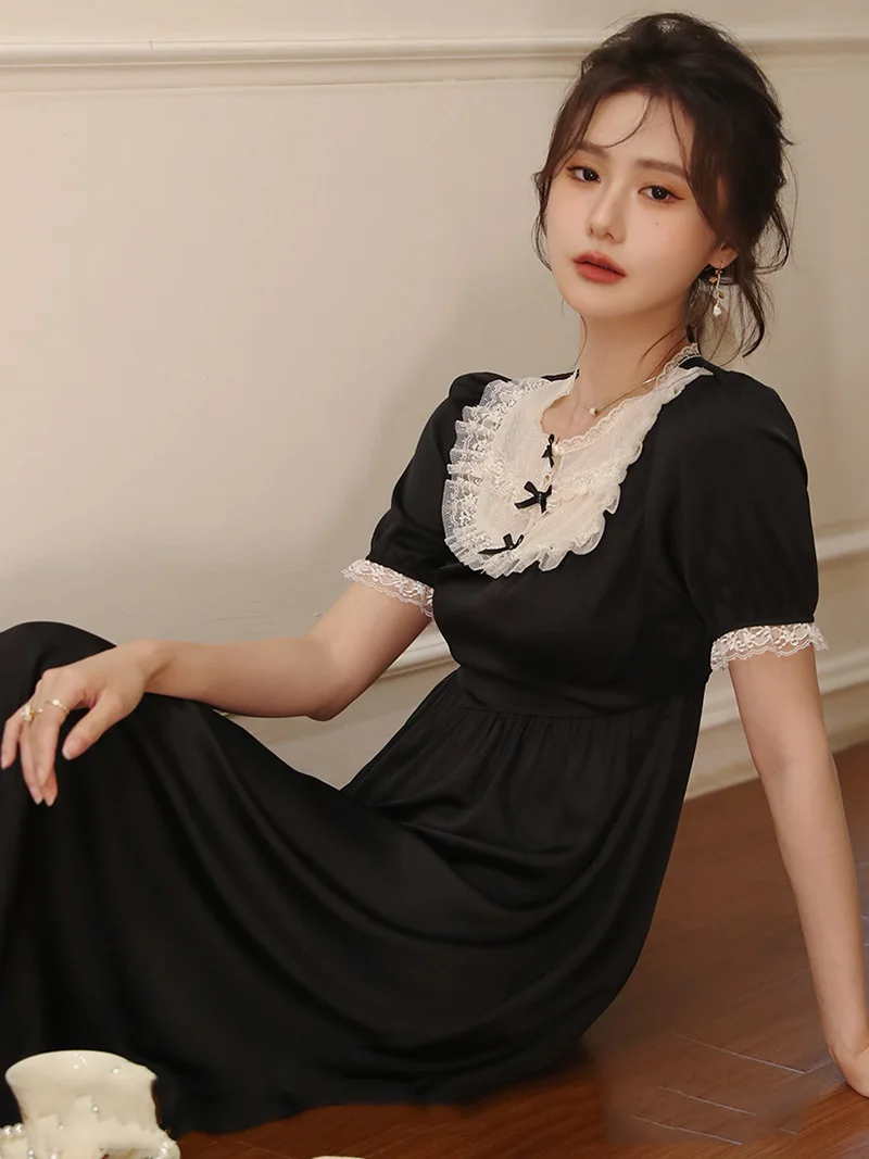 French Hepburn Nightgown for Women Summer Silk Nightgowns Ruffles Black Dress Sexy Lace Victorian Pajamas Sleepwear Homewear