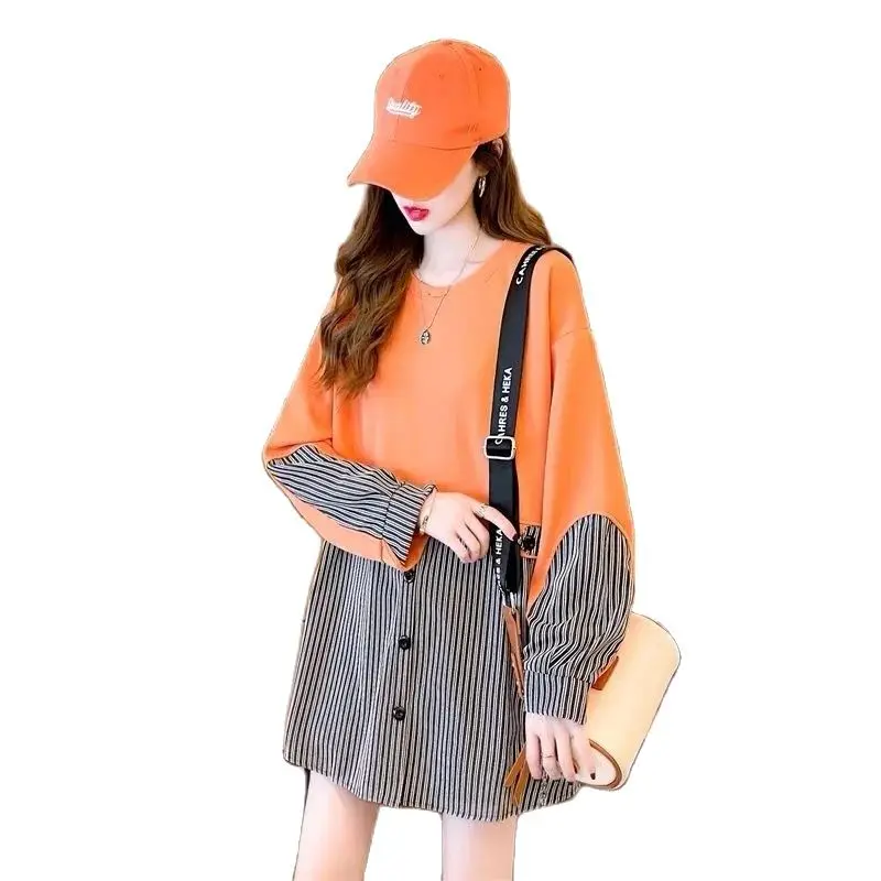 

Design sense niche stitching mid-length sweatshirt women's autumn and winter new net red loose large size long-sleeved top 624