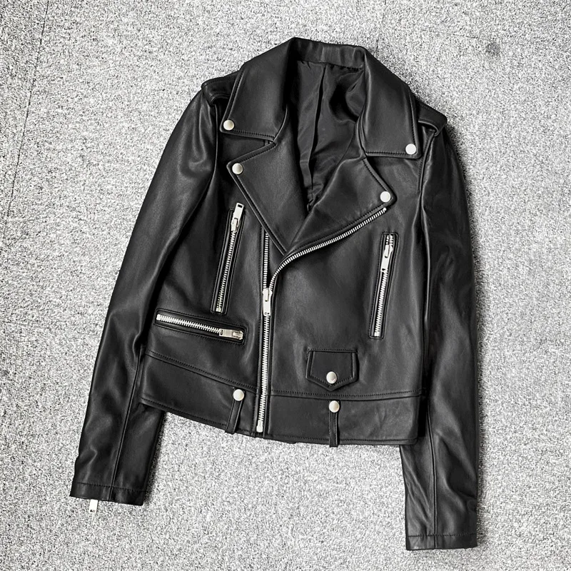 2022 Women New Trend  Asymmetrical Zipper Slim Genuine Sheepskin Leather Locomotive Jacket E11