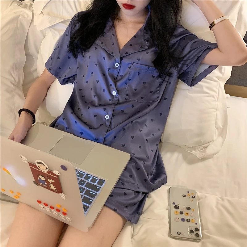 2 Piece Women Sleepwear Set Spring Summer New Short Sleeve Pajamas for Woman Silk Fashion Sleepwear Heart Print Sexy Pajama Set