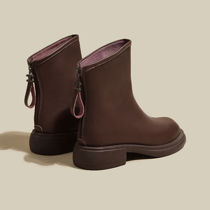 

Women Leather Boots Autumn Trendy Rubber Female Ankle Booties Winter Ladies Ladies Solid Color Simple Classic Back Zipper Shoes