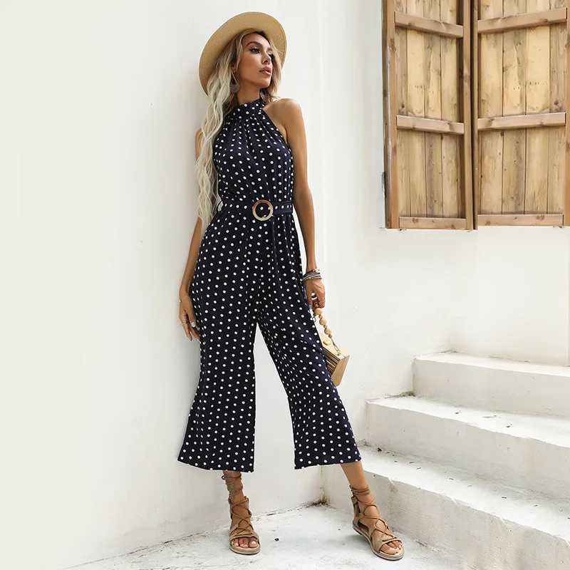 Fashion Dot Printed Women Jumpsuits with Free Belt Navy Blue Halter Sleeveless Causal Commute Playsuits New Loose Wide Leg Pants