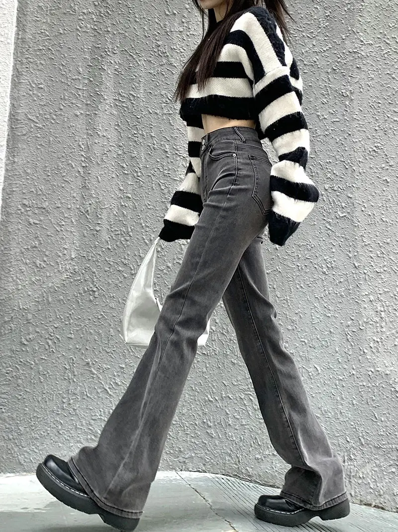 

Grey Flare Jeans Loose Comfortable Jeans For Women Pants Mom Elastic Fashion Boyfriend Style Denim Pant Trousers