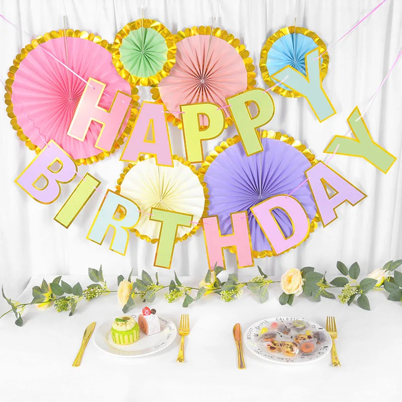 

Happy Birthday Banner Pull Flag Decoration Macaron Color Paper Folding Fan Garland DIY Kid Girl Baby Shower Birthday Party Decor