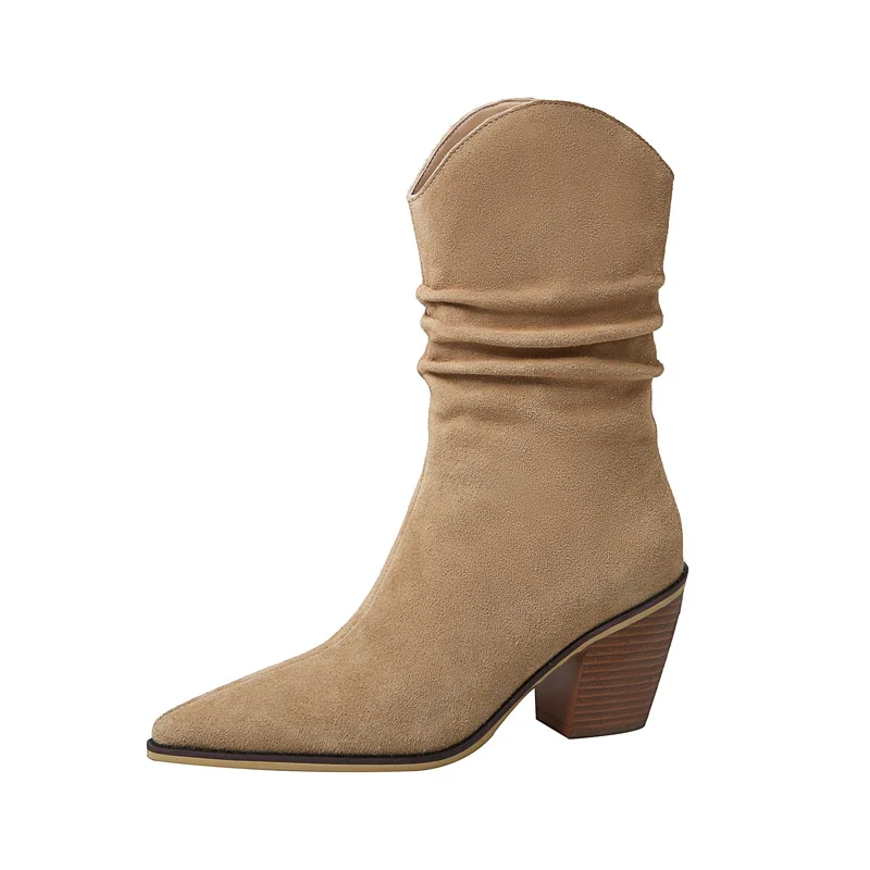 

Women Mid-Calf Boots SmallHut Spring Autumn Cow Suede High Thick Heel Shoes Eleagnt Lady Black Aprciot Pointed Toe Western Boot