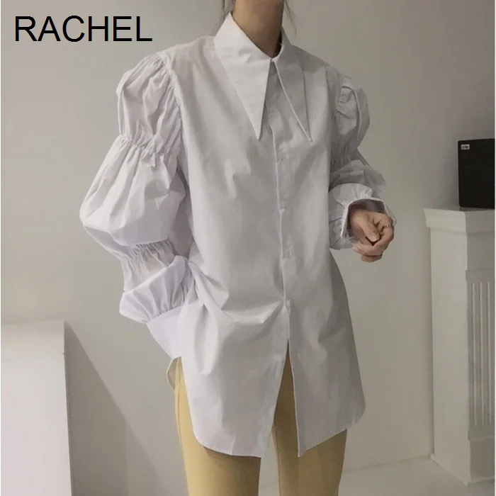 

Женская рубашка корейский шикарный стиль заостренный воротник однобортная дизайнерская Свободная рубашка с рукавами женский топ Рейчел