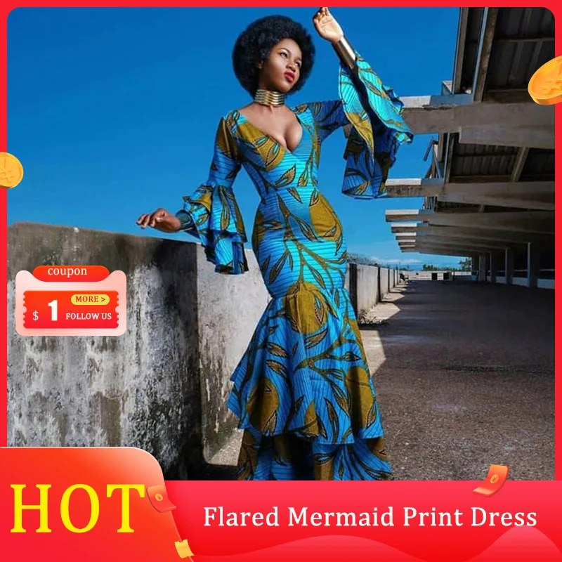 Женское длинное платье с юбкой годе расклешенное Африканским принтом весна 2022