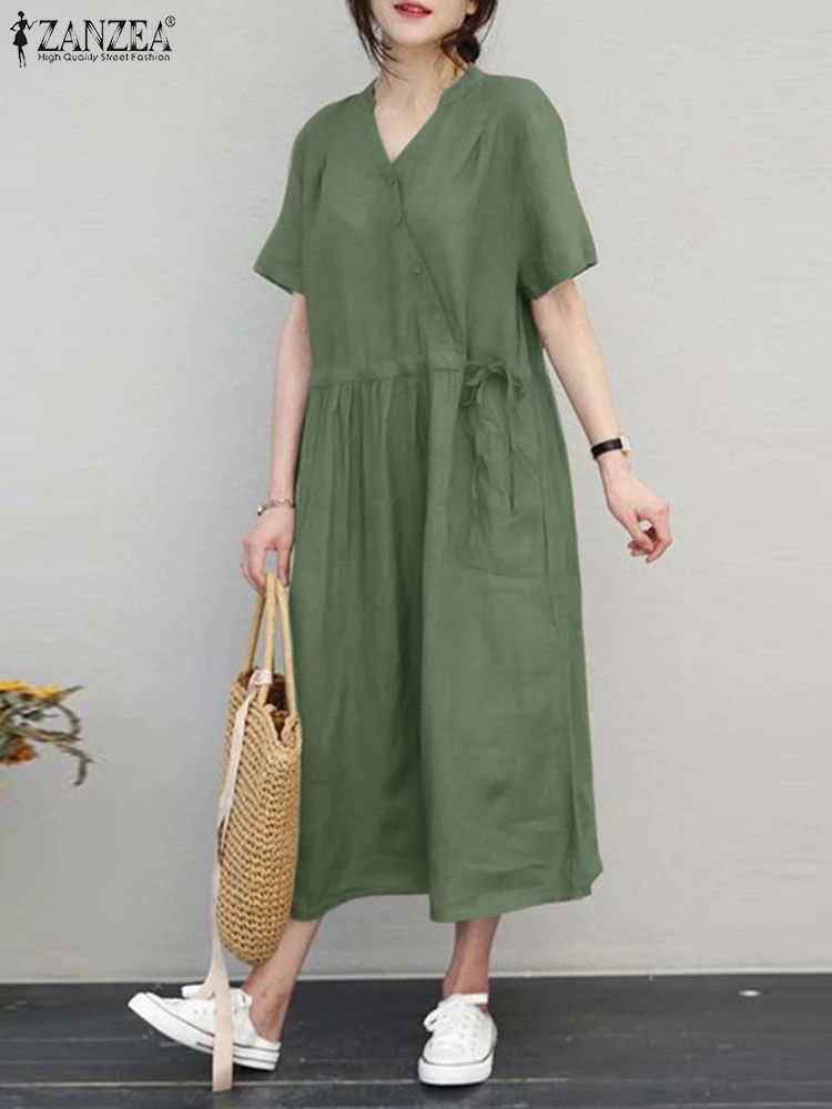 

Women Summer Dress 2023 ZANZEA Green Solid Color Sundress Loose Midi Vestido Robe Female Holiday Party Dresses Oversize Kaftan