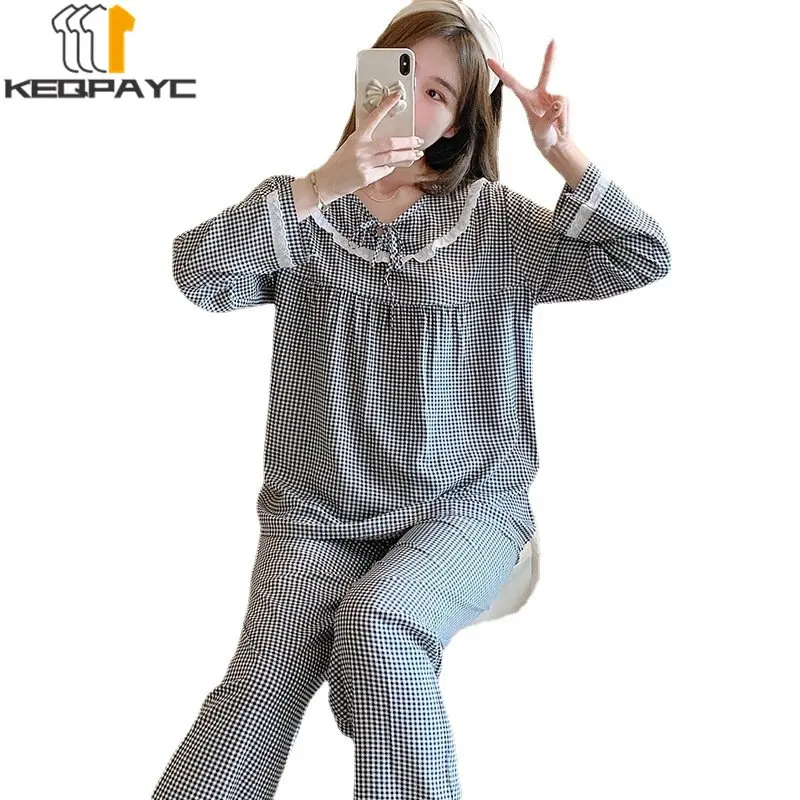 Women's Pajamas New 2023 Spring Autumn Long Sleeve Thin Sleepwear Pyjamas Women Sweet Plaid Casual Nightwear Clothing Sets
