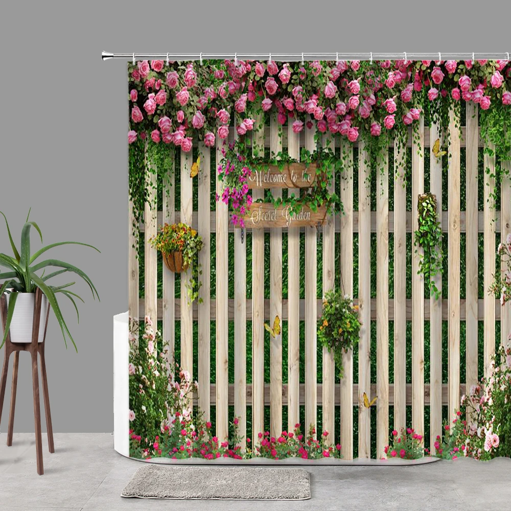 

Flower Leaves Fence Shower curtain spring green leaf bathroom Toilet Aesthetic Decorative Fabric Bathroom Curtain Bathtub Screen