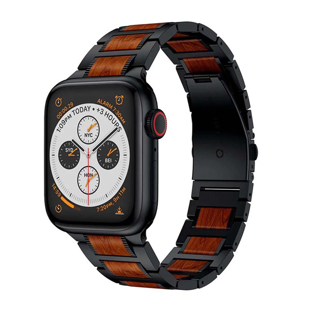 

Wooden strap For apple watch band 45mm /41mm 44mm 40mm 42mm 38mm Stainless Steel Bracelet for iwatch Apple watch 5/4/3/2 se 6 7