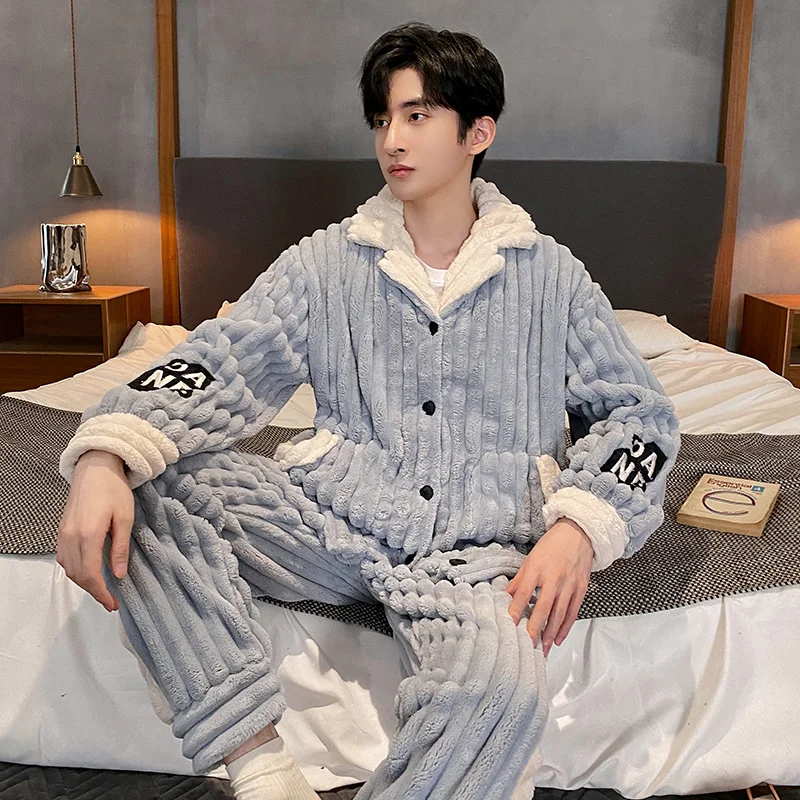 QUHENG Pajama Set Male Thicken Warm Flannel Long Sleeved Cartoon Men Winter Leisure Loose Home Cloth Autumn Loose Men Sleepwear