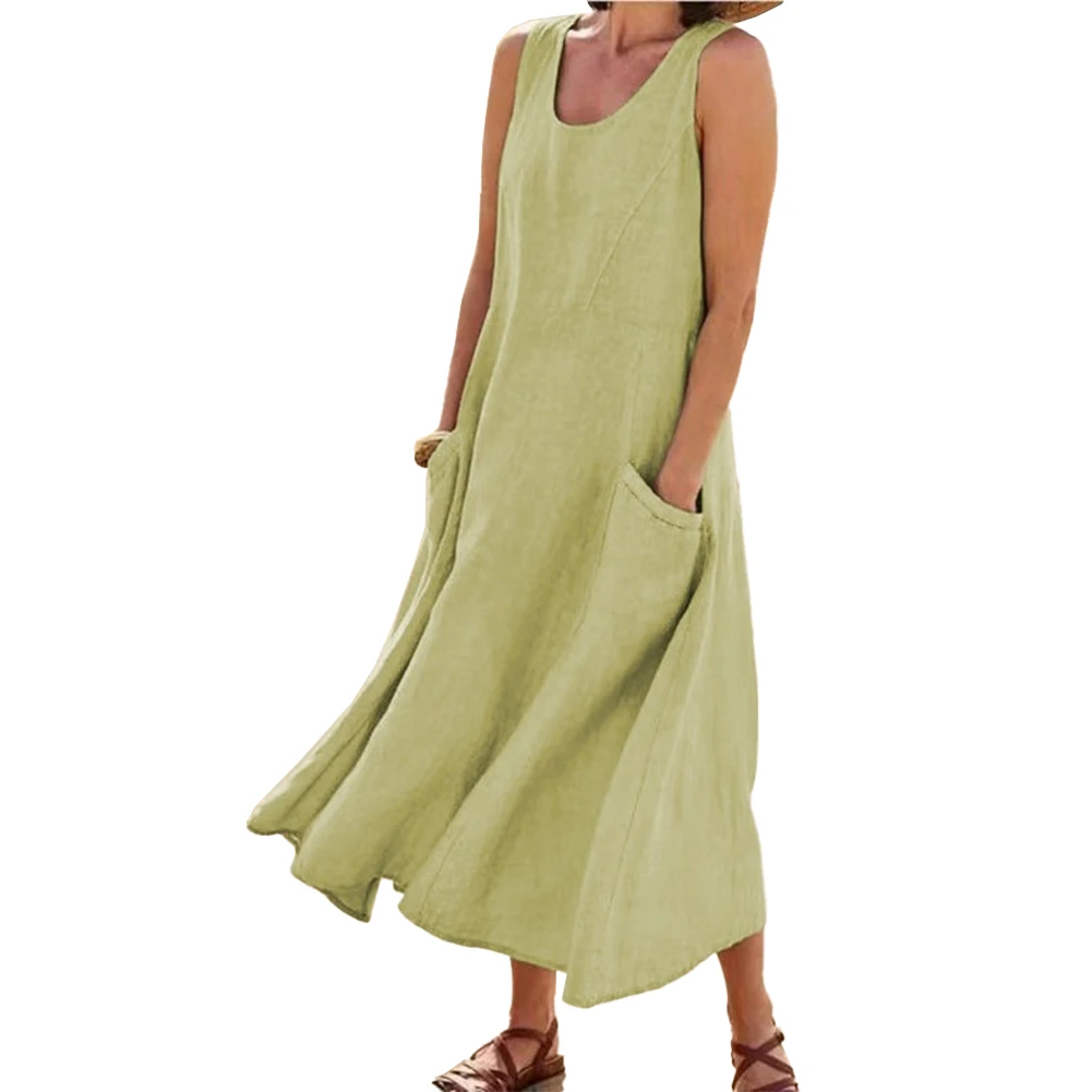 

Простое и удобное платье-макси из хлопка и льна для женщин, с карманами, отлично подходит для летнего пляжа и повседневной носки