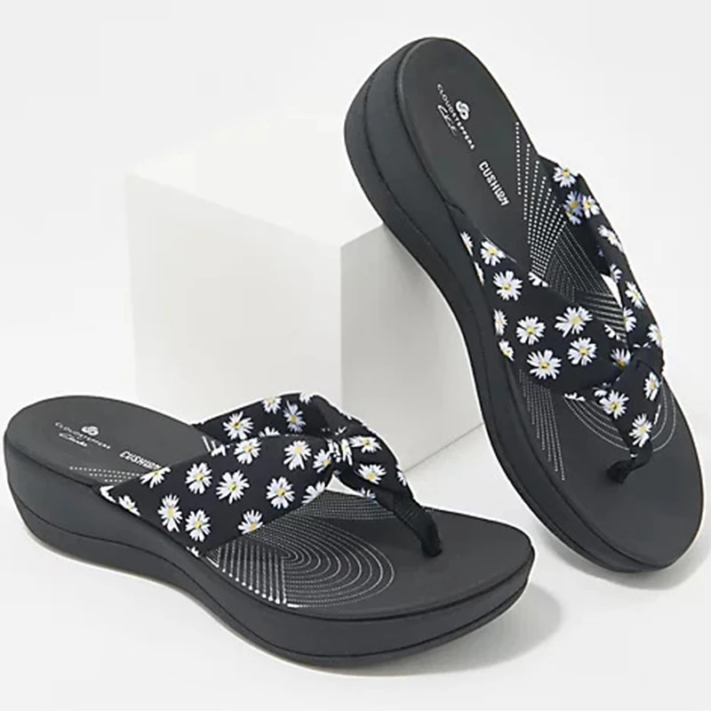 

2022 Summer New Casual Printing Flip-flops Women's Outer Wear Wedge Heels Thick-soled Beach Sandals Large Size Women's Shoes