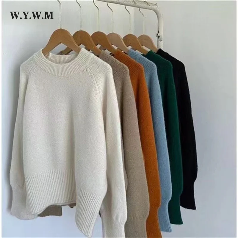 WYWM Winter Vintage Base O-neck Knitted Sweater Women Casual Lazy Oaf All-match Pullover Sweaters Female Solid Simple Knitwear images - 6