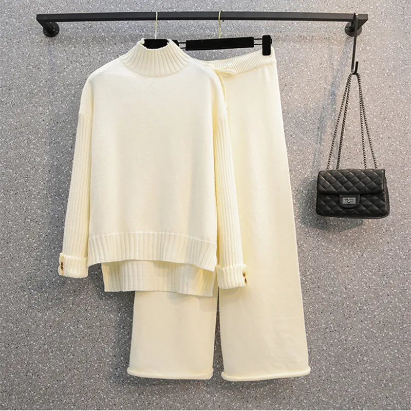 Women's Sweater Suits and Sets Turtleneck Full Sleeve Knitted +Pockets Long Trousers 2PCS Sets Winter