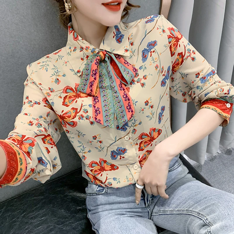 Chiffon Women's Blouse Print Casual Long Sleeve Polo Shirt Spring Autumn Fashion Top