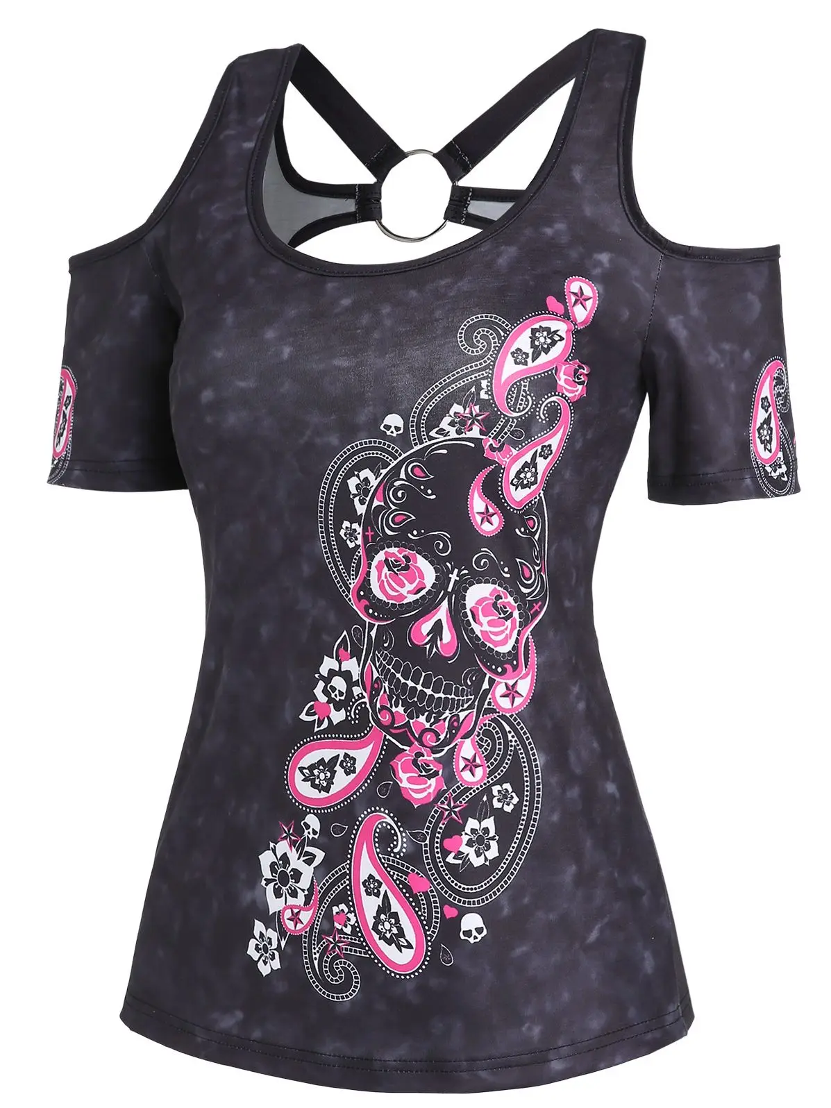 

Dressfo Open Shoulder Gothic Tee Tie Dye Floral Paisley Skull Printed T-Shirt Halloween Women O Ring Short Sleeve Casual T Shirt