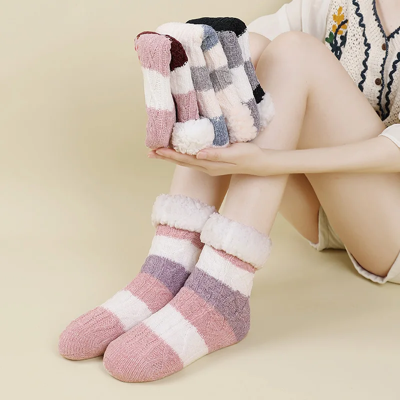 Women Thermal Fuzzy Sock Comfy Winter Warm Sleeping Soft Female Plush Non Slip Grip Silicone Short Slipper Floor Sock House Home
