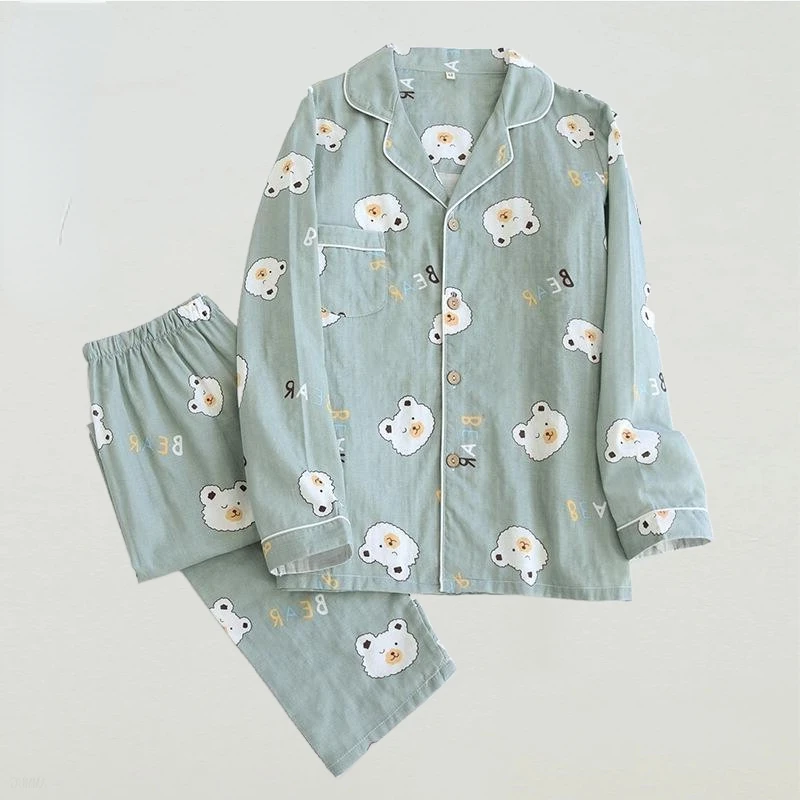 Pajamas Summer Women Cotton Cartoon Cat Printed 2Pcs Turn-down Neck Shirt+Pants Pyjamas Soft Clothes Female Underwear