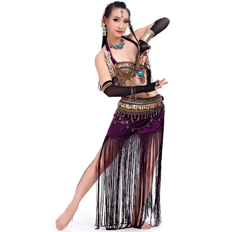 

Женский костюм для танца живота, черное платье с блестками и юбкой с бахромой, костюм для выступлений