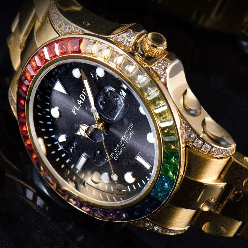 

Luxury Brand PLADEN Gold Watches Men Rainbow Diamond Business Japan Movement Waterproof Replica Wrist Clocks Husband Gift Reloge