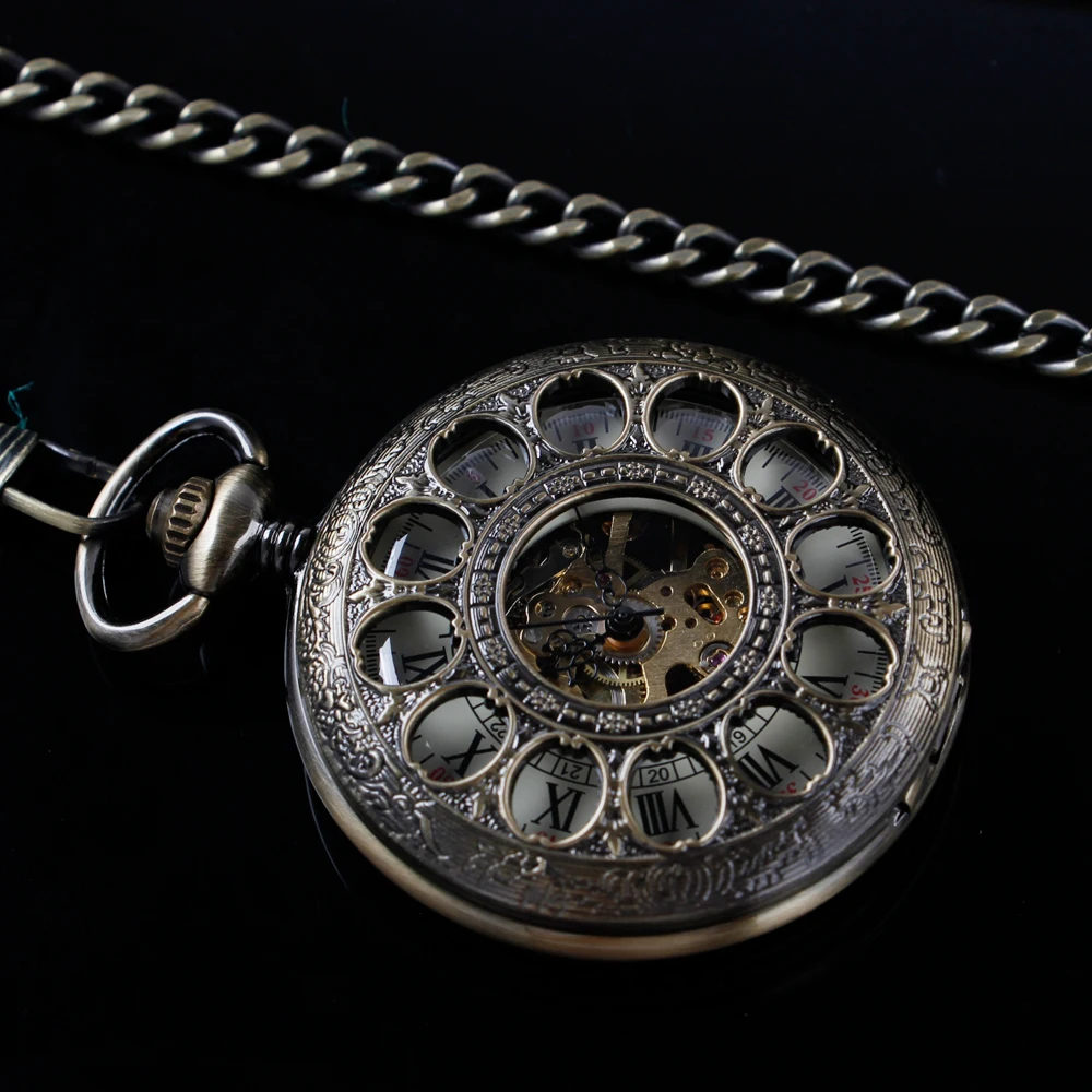 Exquisite Hollowed-Out Pattern Mechanical Manual Pocket Watch Gold Roman Digital Skull Dial Pendant Automatic Antique Clock