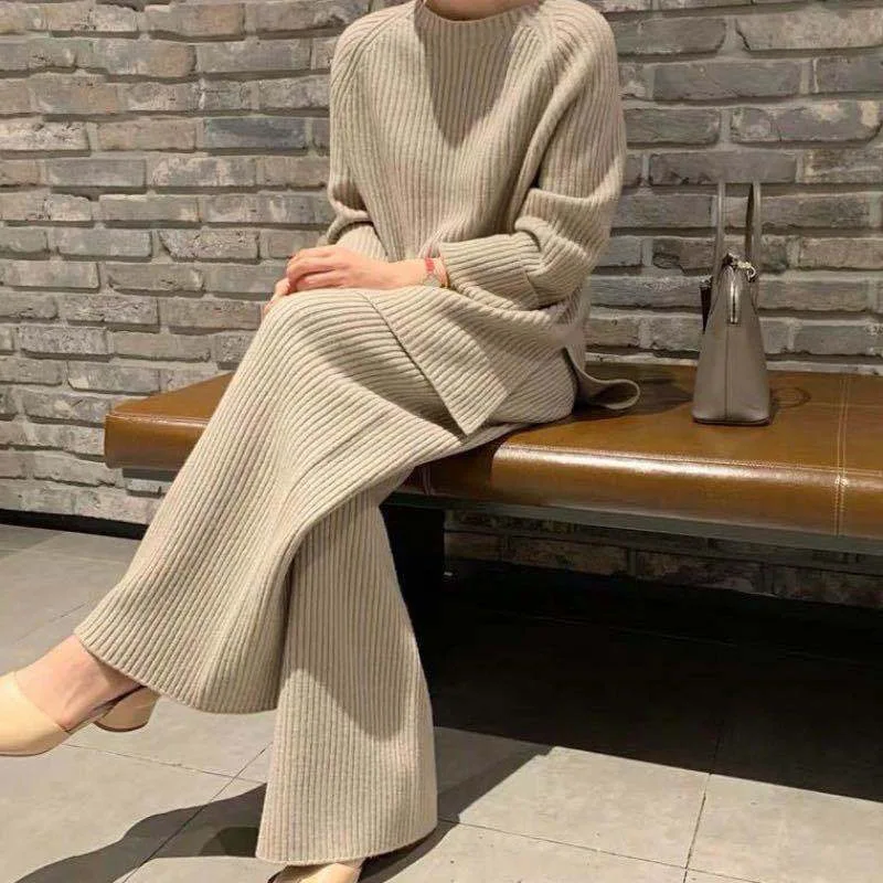 Women Homewear Pajamas Sets Long Sleeve Sweater+Pants Knitted Pullover Top Straight Pants Casual Autumn Warm Loungewear Loose