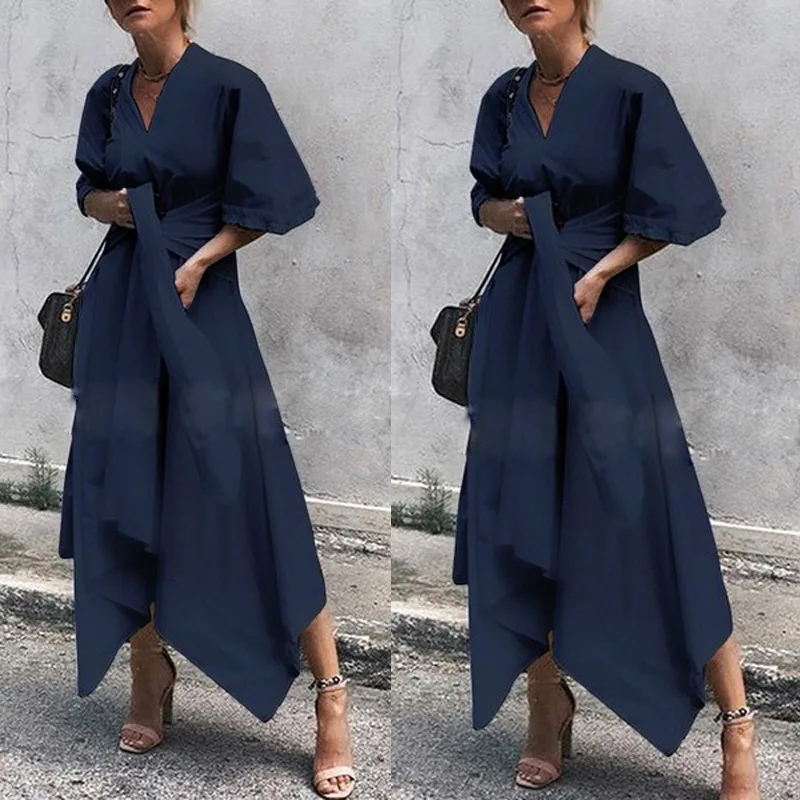 

Female Sexy V Neck Asymmetrical Party Vestidos 2021 Summer Women Fashion Short Sleeve High Waist Dress Vintage Long Maxi Dress
