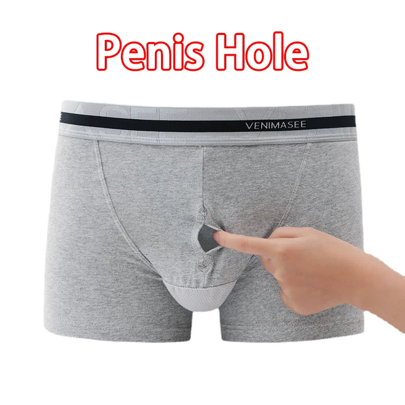 Man Front Open Hole Boxers Gay Penis Bulge Dick U-Convex Underwear Foreskin Double Layer Reduce Sensitivity Slip Panties Briefs