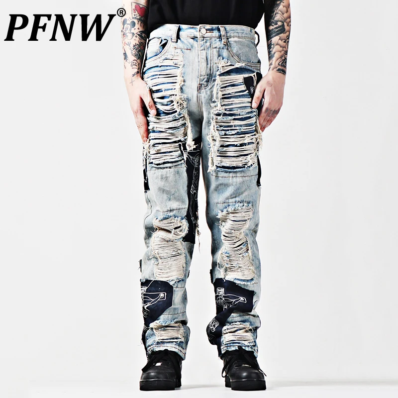 

PFNW Spring Autumn New Men's American Street Hiphop Jeans Embroidery Slim Patchwork Distressed Y2k Trend Straight Pants 28A3444