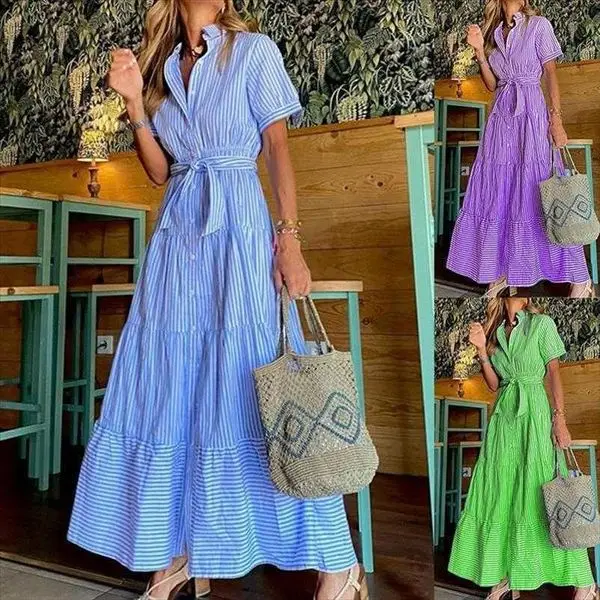 

Fd Fashion Striped Short Sleeve Dresses Loose Xxl Empire Midi Autumn Dress