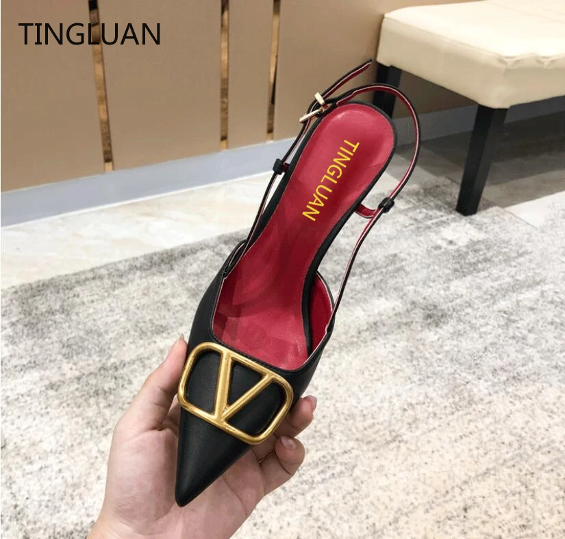 

2022 Classics Luxury Women Sandals Metal V-Button 4cm 6cm 8cm 10cm Thin High Heel Pointed Toe Wedding Shoes Big Size 34-44