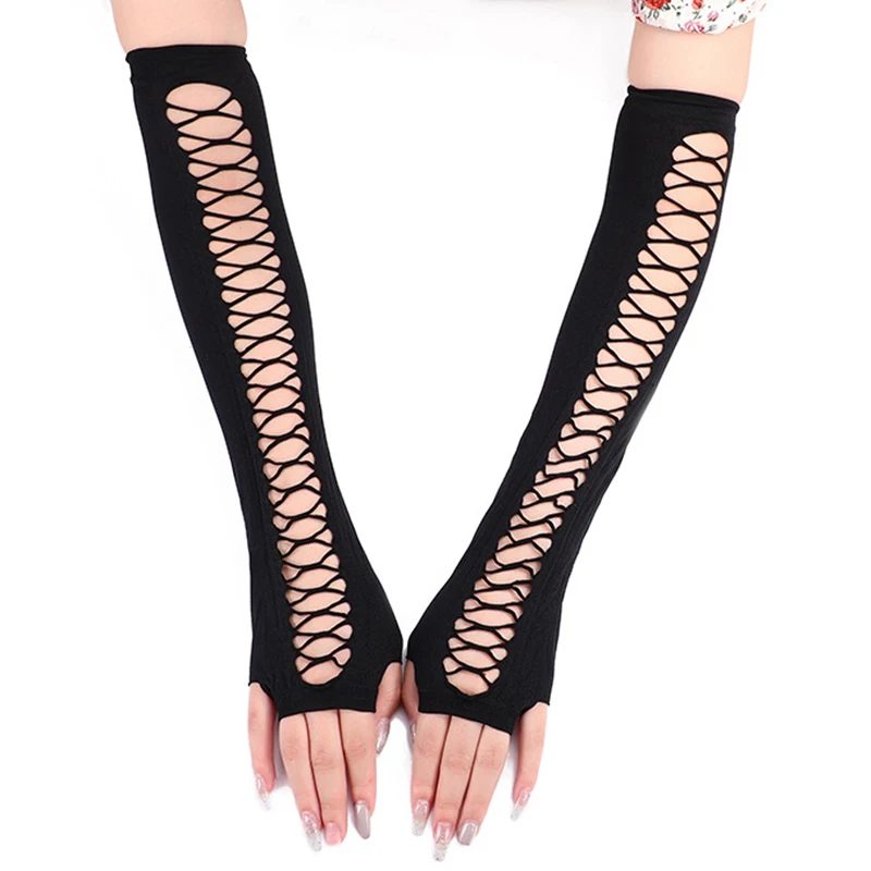 

Women Hollow Out Elastic Fingerless Gloves Cross Hole Stretch Black Summer Mittens Driving Sun Protection Breathable Gloves