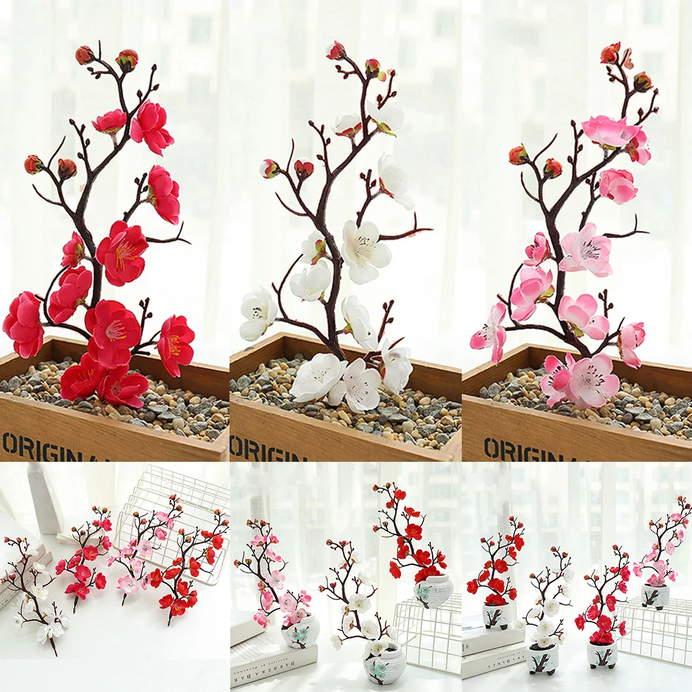 

1x Artificial Flowers Fake Silk Plum Blossom Without Pot Simulation Plants Living Room Wedding Party Balcony Home Garden Decor