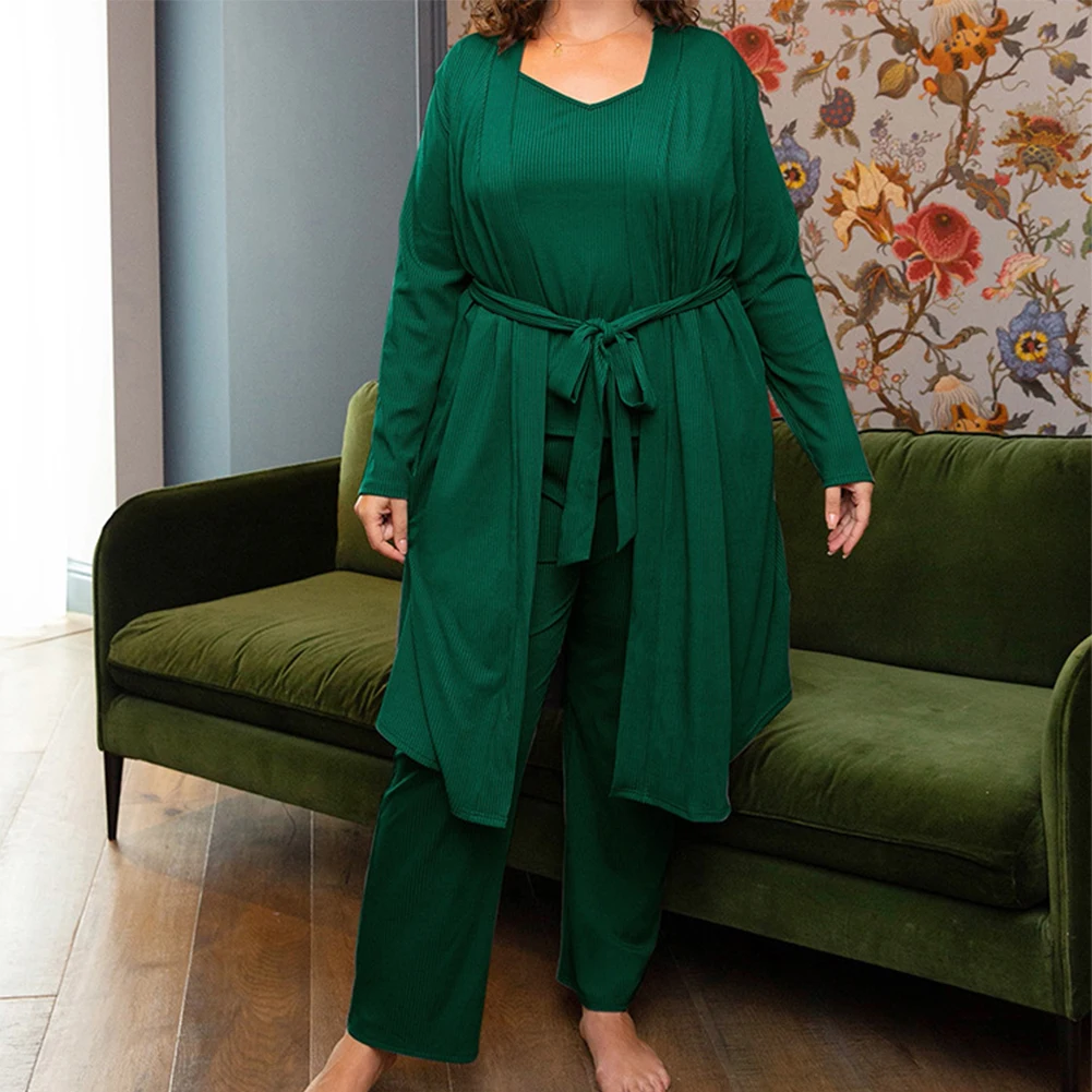 

Women Plus Size Nightgown Long Sleeve Soild Color Sleepwear Belted Cardigan Striped Blouse Slim Tops V Neck Shirt Autumn Spring