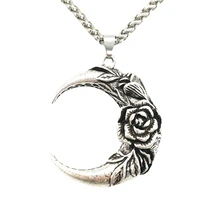 wicca pagan crescent moon with rose pendant retro punk gothic necklace for women neck jewelry valentines day gifts