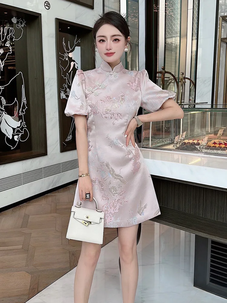 ZJYT Chinese Style Vintage Print Jacquard Cheongsam Dresses for Women Summer 2023 Puff Sleeve Elegant Mini Vestidos Party Robes
