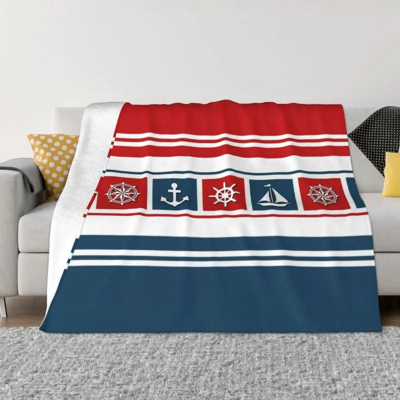 

Nautical Symbols Blankets Breathable Soft Flannel Autumn Sailing Anchor Compass Throw Blanket for Sofa Outdoor Bed