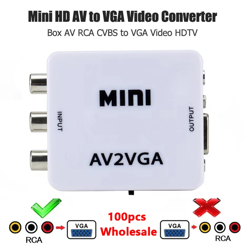 

100pcs Wholesale 1080P AV2VGA Mini Video Convertor RCA AV to VGA Video Converter Conversor with 3.5mm Audio and CVBS For PC HDTV