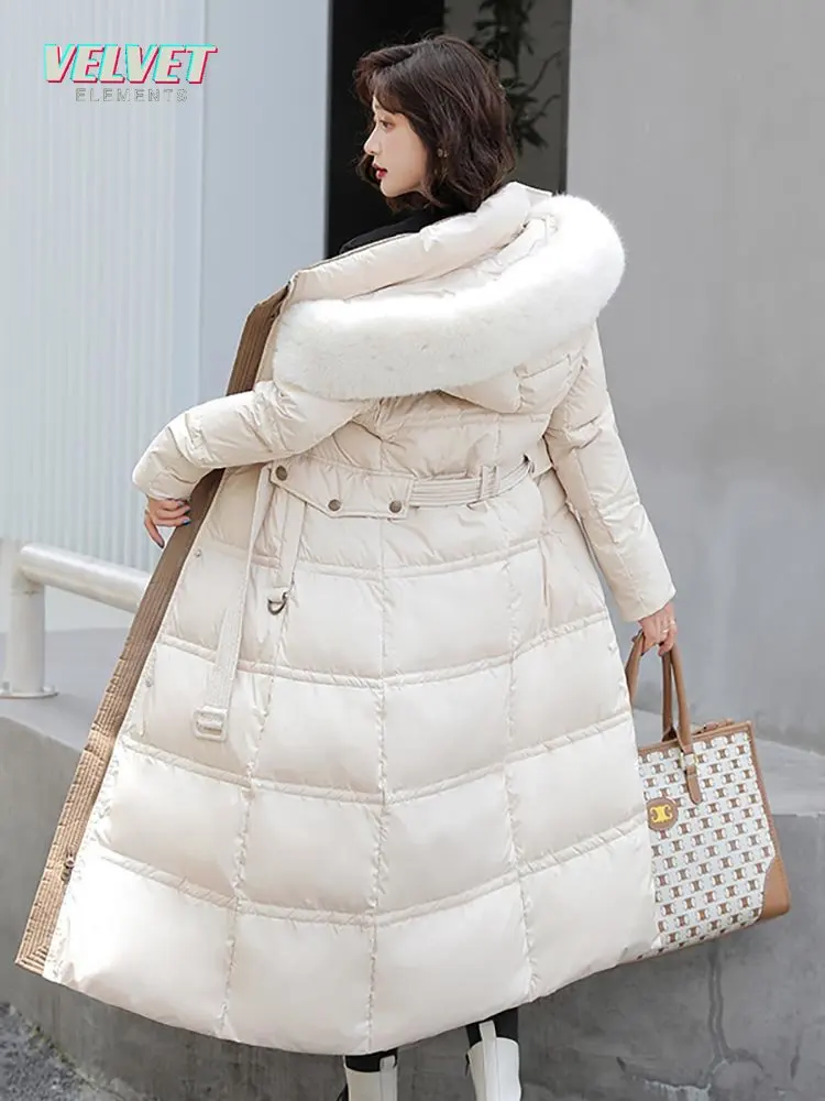 VE 2023 Winter Long Parkas for Women Hooded Fur Collar High Quality Warm Thick Female Coat Snow Wear Jacket Clothes With Belt